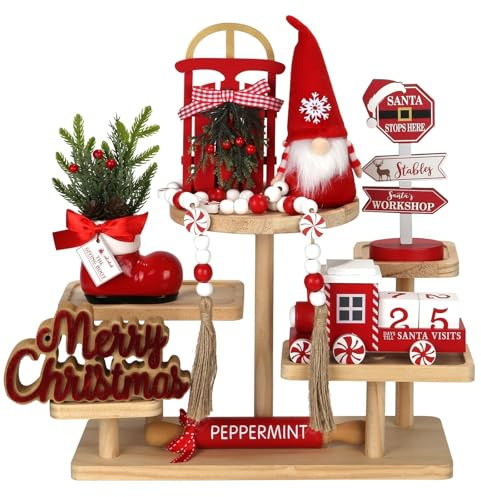 Christmas Decorations 8 PCS Tiered Tray Decor Set, Cute Tabletop Christmas Decor for Home Office Shelf Mantel Coffee Bar Xmas Table Centerpieces Tray Objects Holiday Decoration Set