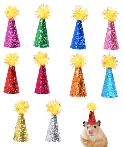 10 Stück Mini Partyhüte, Kleine Geburtstagshüte für Haustiere - Elastische Dekoration mit Glitzer für Haustier Party