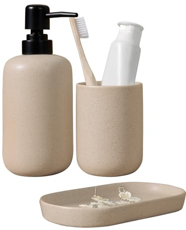 Autumnlife Badezimmer Zubehör Set aus Keramik, 3-Teilig Beiges Bad Set mit Seifenspender, Zahnputzbecher & Ablageschale, Modern & Praktisch für Bad und Waschbecken