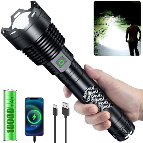 Amzyigou LED-Taschenlampe 150000 Lumen Extrem Helle, P160.2 LED Aufladbare USB Taschenlampe, 8-12 Stunden Akkulaufzeit, Zoombare 5 Lichtmodi, IP55 Wasserdicht für Camping und Notfälle(Lange Handgriff)