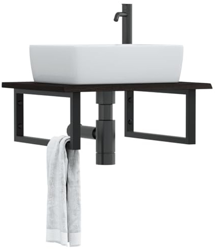 HaoChrymec Piano Lavabo con Staffa in Acciaio e Rovere Massello, Design Rettangolare Salvaspazio, Mobile Bagno Sospeso, Mobiletto Sotto Lavabo Bagno, Mobile Base Lavabo,Marrone Scuro, 60x50x2 cm