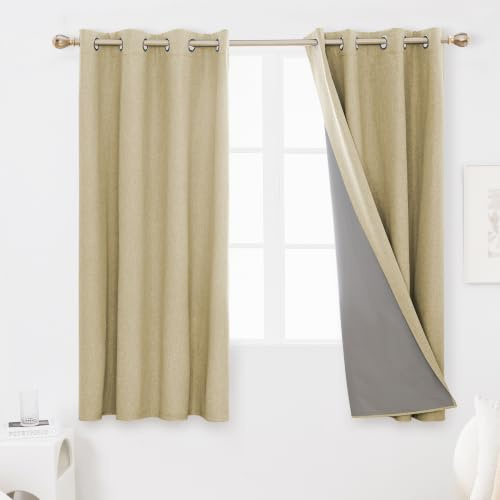 Deconovo 100% Blackout Curtains with Coating Back Layer, Faux Linen Thermal Insulated Ring Top Curtains for Bedroom, Beige Linen, W52 x L72 Inch 2 Panels