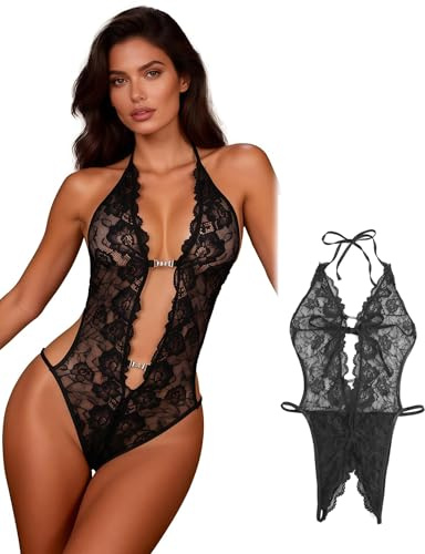 comeondear Lenceria Sexy Mujer Abierta - Body de Encaje Malla Transparente, Escote en V Profundo Sin Espalda, Lingerie Camisones Ropa Interior Abierto Picardías para Fiesta Negro,XL