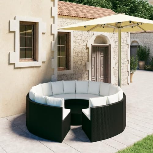Qnhdfrt Lot de 9 meubles de jardin en rotin - Noir - 88 x 66 x 67 cm - Avec coussins blanc crème - Forme éventail peu encombrant - Canapé d'extérieur pour jardin, balcon, terrasse