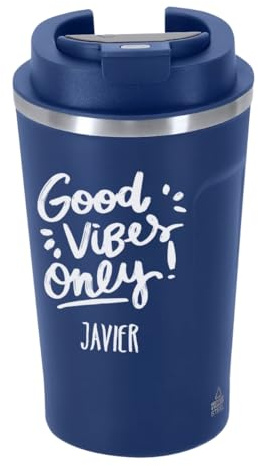 DEREGALOOS Vaso Térmico Personalizado con Nombre/Imagen. Vaso Reutilizable de Acero Inoxidable con Indicador de Temperatura Táctil. Para Café o Té. Capacidad de 400ml (Frase - Good Vibes, Azul)