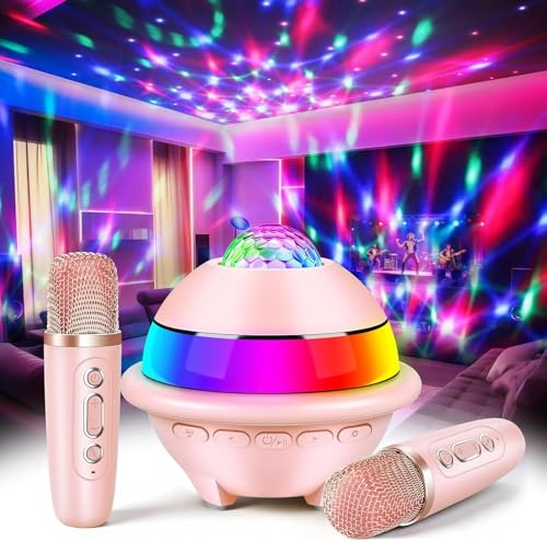 JONRRYIN Karaoke Anlage mit 2 Mikrofonen, Tragbare Bluetooth Karaoke Maschine Kinder mit Disco Licht und 5 Toneffekten, Bluetooth Lautsprecher für Kinder, Musik Geschenk Spielzeug (Rosa)