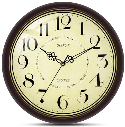 Geevon Retro Vintage Wanduhr, Anolog Wanduhr Leise ohne Tickgeräusche | Rotbraun mit Goldrand, 12 Zoll, Geeignet für Innenräume, Schlafzimmer, Wohnzimmer, Küche, Arbeitszimmer und Büro