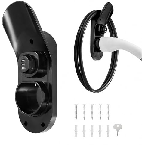 Lockable Type 2 EV Charger Cable Holder | Wall Mount with Combination Lock | Weather resistant | Fits Tesla BMW Audi VW Kia Hyundai | Indoor Outdoor Garage | Black
