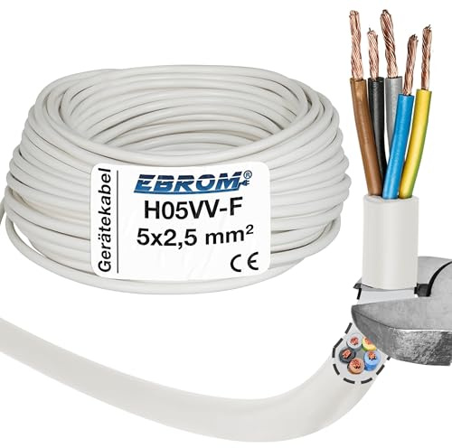 EBROM Herdanschlussleitung, Herdanschlusskabel, H05VV-F 5G2,5 mm² - 5x2,5 mm2 - weiß, viele Längen von 5 Meter bis 50 Meter am Stück - Schlauchleitung - Ihre ausgewählte Länge: 5 Meter