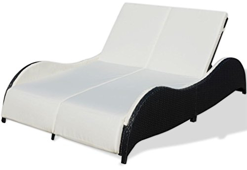 Festnight Doppel Sonnenliege mit Auflage für 2 Person Doppelliege Relaxliege Sonneninsel Lounge Sonnenliege Gartenliege Poly Rattan Schwarz 200 x 132 x 45 cm