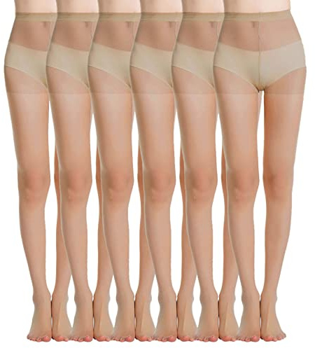 MANZI Women's Everyday Energy 6-Pack Black Nude Silk Sheer Soft Tights 20 Denier(Natural Nude,L)