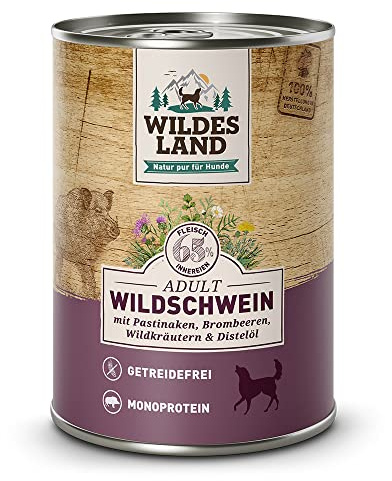WILDES LAND – Wild | Nassfutter mit extra hohem Fleischanteil und natürlichen Zutaten für ausgewachsene Hunde. Alleinfutter ohne Zusatzstoffe in der Dose | 6x400g Wild