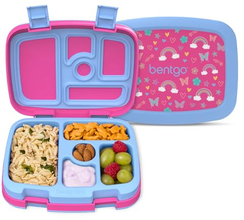Bentgo Kids Prints Leak-Proof, 5-Compartment Bento-Style Kids Lunch Box - Ideal Portion Sizes for Ages 3-7, Durable, Drop-Proof, Dishwasher Safe, & PFAS & BPA-Free Materials (Rainbows & Butterflies)