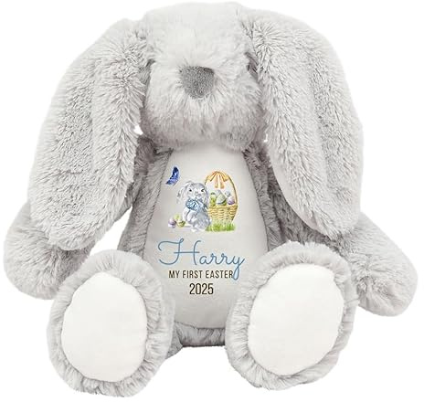 Pomchick - Personalised Happy Easter Toy | Bunny Plush Soft Toys | Custom Gifts with Name | 35 CM | Gift For Kid Child Nephew Baby Daughter Son | Bunnies Rabbit Keepsake Present