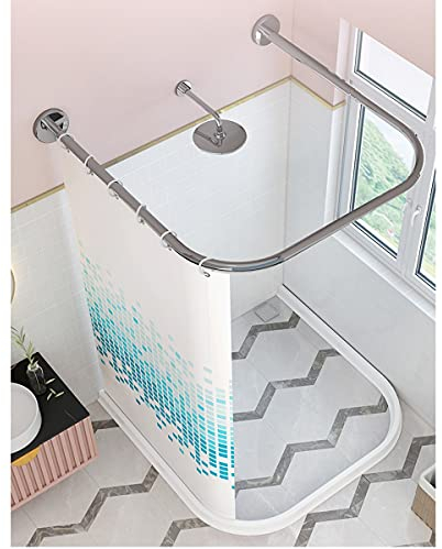 Duschvorhangstange Ohne Bohren, Badewanne U-Form Teleskopstange Duschstange Aus 304 Edelstahl Duschvorhang Stangen, Dusche Ablage, Eckduschstange für Duschvorhang, Ausziehbar 110 × 80 to 120 cm