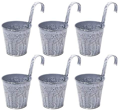 WAIZHIUA 6Pcs Vintage Hanging Flower Pots, Old Metal Iron Hanging Plant Pots Buckets with Hook for Fence Balcony Garden Wall Home Decor Outdoor Patio, Without Drainage Hole (Gray)