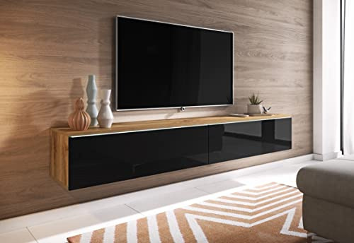 PIASKI Meuble TV Lowboard D 140/180 cm Meuble TV Flottant Couleur Wotan Noir Éclairage LED Optionnel avec éclairage LED 180 cm