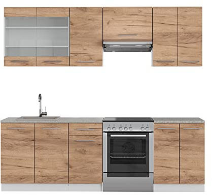 Vicco Küchenzeile Fame-Line, Goldkraft Eiche/Weiß, 240 cm ohne Arbeitsplatte, zur individuellen Erweiterung mit zusätzlichen Modulen geeignet