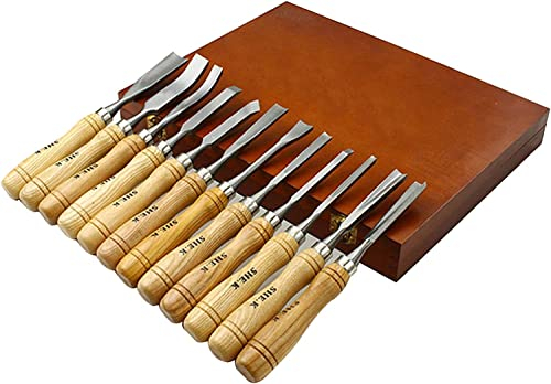 OITTo 12-teiliges Set Meißel und Schnitzwerkzeuge, handgeschnitzter Meißel, Wurzelmeißel mit Manganstahlmeißelkopf und Buchenholzgriff, High-End-Werkzeugkasten aus Holz