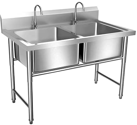 Küchenspüle Edelstahl Freistehende Spültisch Mit 2 Becken Gewerbliche Spülbecken Waschbecken Küche inkl. Zubehör, Waschraum(120x 70x 80cm/47.2”x27.5”x31.4”)