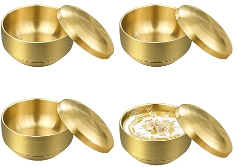 4.1 In 304 Stainless Steel Bowls with Lids, 8 Oz Double Walled Soup Bowls, Metal Gold Cereal Bowl, Small Ice Cream Dessert Rice Sauce for Snack Yogurt (4pcs)