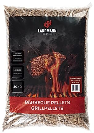 LANDMANN Granulés de barbecue cerise 10 kg, pour une note particulièrement fumée, pour les fumoirs, les barbecues à granulés et au charbon de bois et les fours à pizza, faible consommation, idéal