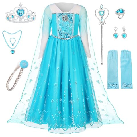 Pollen Elsa Mädchen Prinzessin Kostüm, Prinzessin Kleid Elsa Kinder Kleid 8-teiliges Set mit Krone Diadem Handschuhe Zauberstab usw für Hochzeit Cosplay Karneval Hochzeit Geburtstagsfeier-130