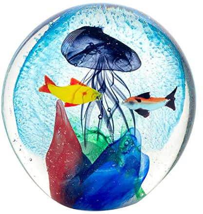 ROCKING GIFTS Pisapapeles Bola de Cristal Medusas con Peces en Azul, Adorno Decorativo Elegante de Sobremesa para Escritorio de Despacho, Oficina, Entrada Recibidor, 11 cm
