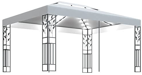 Homgoday Gazebo con Tetto Doppio e Stringa di Luci LED 3x4 m Bianco, Gazebo da Giardino, Gazebo Ombrellone da Giardino Spiaggia Pesca Esterno Antivento per Arredo Giardino Terrazzo Ambienti