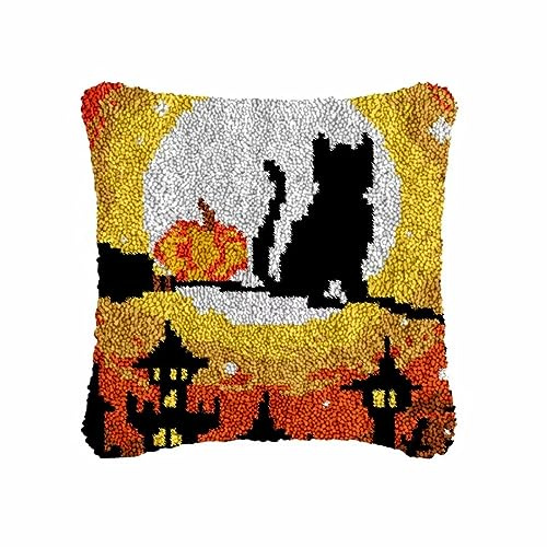 ROCKY&CHAO Knüpfteppich Zum Selber Knüpf-Sets mit Kissen knüpfen-Set 43x43cm Kissenbezug-Set für Erwachsene und Kinder Latch Hook Kit Heimaccessoire（Halloween schwarze Katze）