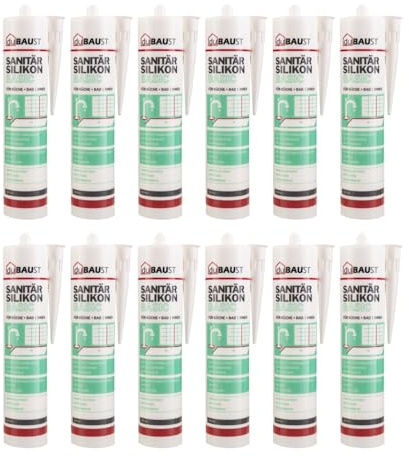 dubaust SAB24 Lot de 12 tubes de silicone sanitaire basique, élastique, résistant à l'humidité et à la moisissure, pour salle de bain, cuisine, douche, pièces humides, cartouche de 300 ml, blanc