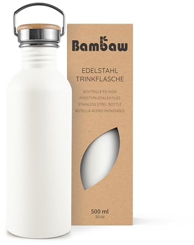 Bambaw Stainless Steel Water Bottle 500ml, White Water Bottle, Non-Insulated Water Bottle, Metal Water Bottle, BPA Free Water Bottle, Wide Mouth Water Bottle, 500ml Bottle – Polar White