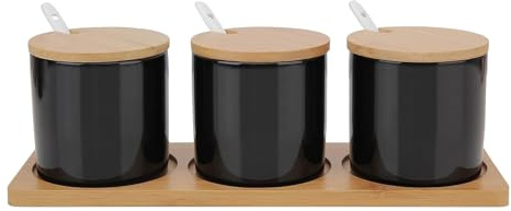 Yhuasia 3 Stück Keramik Zuckerdose, Topf mit Salz, Gewürzglas, Box mit Löffel und Bambusdeckel (schwarz)