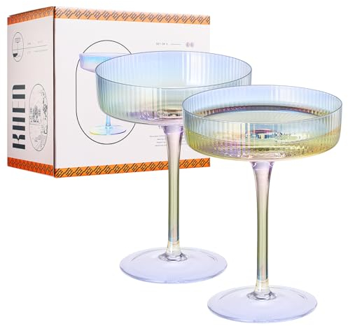 Iridescent Coupe Glasses, Martini, Champagne Cocktails, Vintage Art Deco | Set of 2 | 7.1 oz Stemmed Classic Manhattan Glasses For Speakeasy, Cocktail, Margarita, Ripple Coupes, Gatsby, Crystal Stems