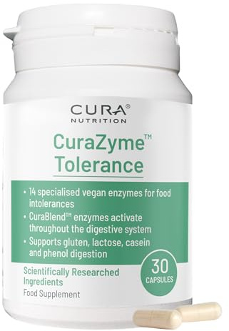 CURA NUTRITION CURAZYME Tolerance (30 Capsules) Food Intolerance Digestive Enzymes Supplement for Gut Health Support, Broad Spectrum Enzyme Complex for Bloating, Heartburn, Digestion Relief, Vegan