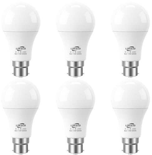 LOEODO B22 Bayonet LED Bulbs 100W Equivalent, 13W Light Bulb, 1200 Lumens, 6000K Cool White, A60 Energy Saving Lightbulbsb, Non-Dimmable, Pack of 6