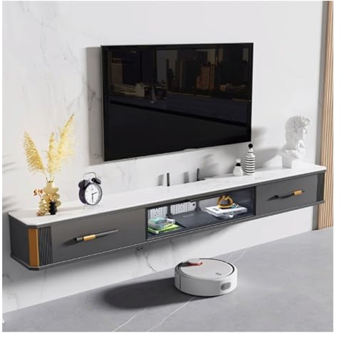 TV Cabinet Luxuriöser schwebender TV-Ständer, 78,7-Zoll-TV-Wandschrank mit Glastür und 2 Schubladen, Entertainment-Medienkonsole, großes Ablagefach unter dem Fernseher, mit Schiefer-Tischplatte Sidebo