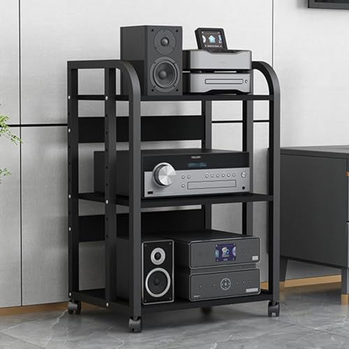 Audio Rack HiFi Regal Audiokomponenten-Rack/Tower Media Stereo Stand, Hochbelastbar Schwarz Modern Elektronik Geräteaufbewahrung mit höhenverstellbarem Regal und Rädern, für Lautsprecher/DVD-Player(S
