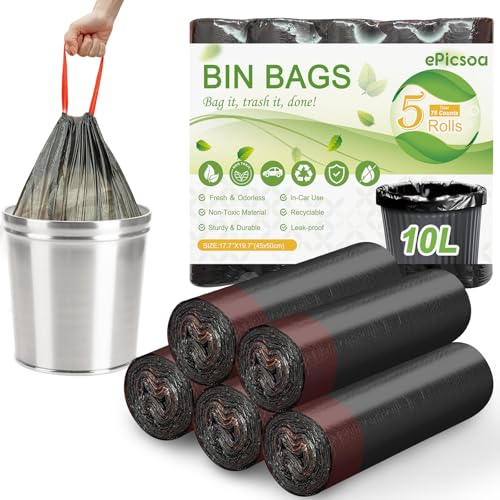 Bolsas de basura pequeñas de 10 litros, con cordón, 75 bolsas de basura con asas de corbata, bolsas de basura con cordón para coche, oficina, baño, dormitorio (negro, 10 L)