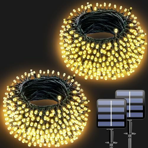 Electight 2 Pack 20M Guirnaldas Exterior Solar, Guirnalda Luces Solares con 8 Modos, IP65 Impermeable Cadena de Luces Solar para Jardín, Patio, Navidad, Halloween, Boda, Fiesta, Blanco Cálido