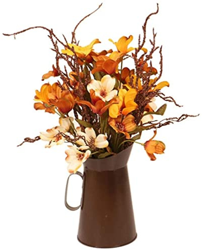 Grtheenumb Fake Autumn Flowers with Vintage Metal Pitcher Flower Vase Orange Silk Flowers in Vase Arrangements for Decorations Wedding Party Home Artificial flowers