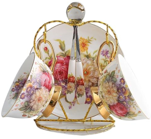 WULUN Palace - Set di 2 tazze da tè e cucchiaino in porcellana Bone China, stile vintage, capacità 200 ml, fiori e arbusti