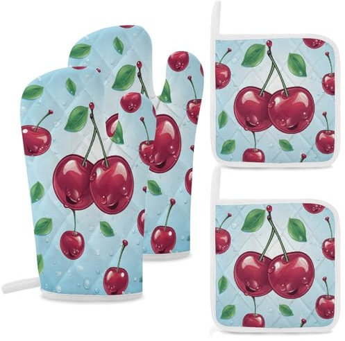 Ofenhandschuhe und Topflappen-Set, 4-teilig, hochhitzebeständig, Küchenhandschuhe, Topfhandschuhe und heiße Pads, Kirsch-Ofenhandschuhe, rutschfest, wasserdicht, Topflappen zum Backen, Kochen, Grillen