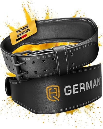 HQ Germany® Gewichthebergürtel S-XL [Echtleder] - Weightlifting Belt | 100% Rindsleder, doppelläufige Naht, veredelte Kanten, Edelstahl-Schnalle, verklebte Lederschichten, knarzfrei