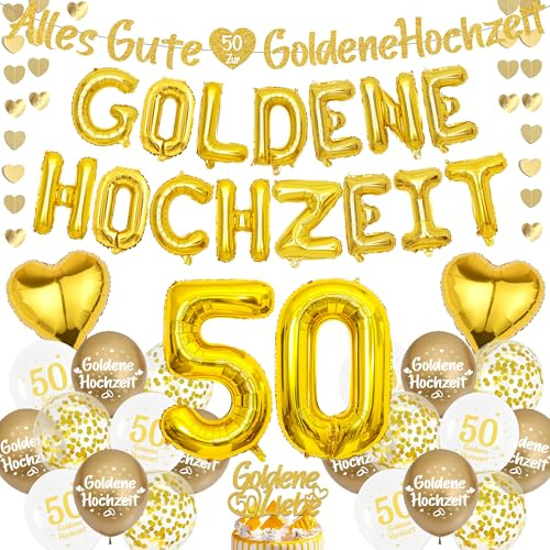 Goldene Hochzeit Deko Luftballons Girlande - Gold Hochzeitstag Folienballon Banner und Tortendeko, Garlande Zahl Ballons zum 50. Jubiläum Hochzeit Party Dekoration