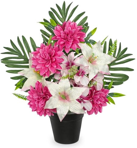 Oairse Artificial Cemetery Flowers in Pot Funeral Flowers Arrangements 48cm Silk Dark Pink & White Potted Lily Dahlia Memorial Flower for Grave Cemetery Headstones Outdoor Christmas Decoration