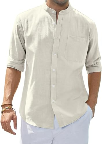 siliteelon Stehkragenhemd Langarm Sommer Linenshirt Camp Freizeithemd Strandurlaub Ausflugs Date Herrenhemden mit Taschen Beige L