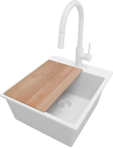 PRIMAGRAN Fregadero Granito al Mueble 45cm + Grifo, 43x50cm | Set: Grifo BW9010 + Kit de desagüe + Tabla de Cortar + Riga 1 Seno para Cocina, Todo Blanco