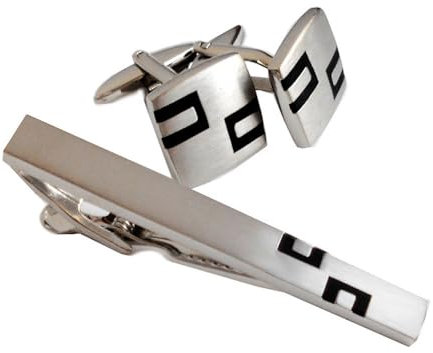 Set Manschettenknöpfe & Krawattennadel kurz ca. 5,6 cm silbern matt + schwarz emailliert + Geschenkboxen