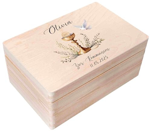 Creative Deco Personalisiert Kommunion Geschenke für Mädchen und Jungen | Holzkiste | Kelch Motiv | Individuelle Geschenk Erinnerungsbox | Erstkommunion Deko